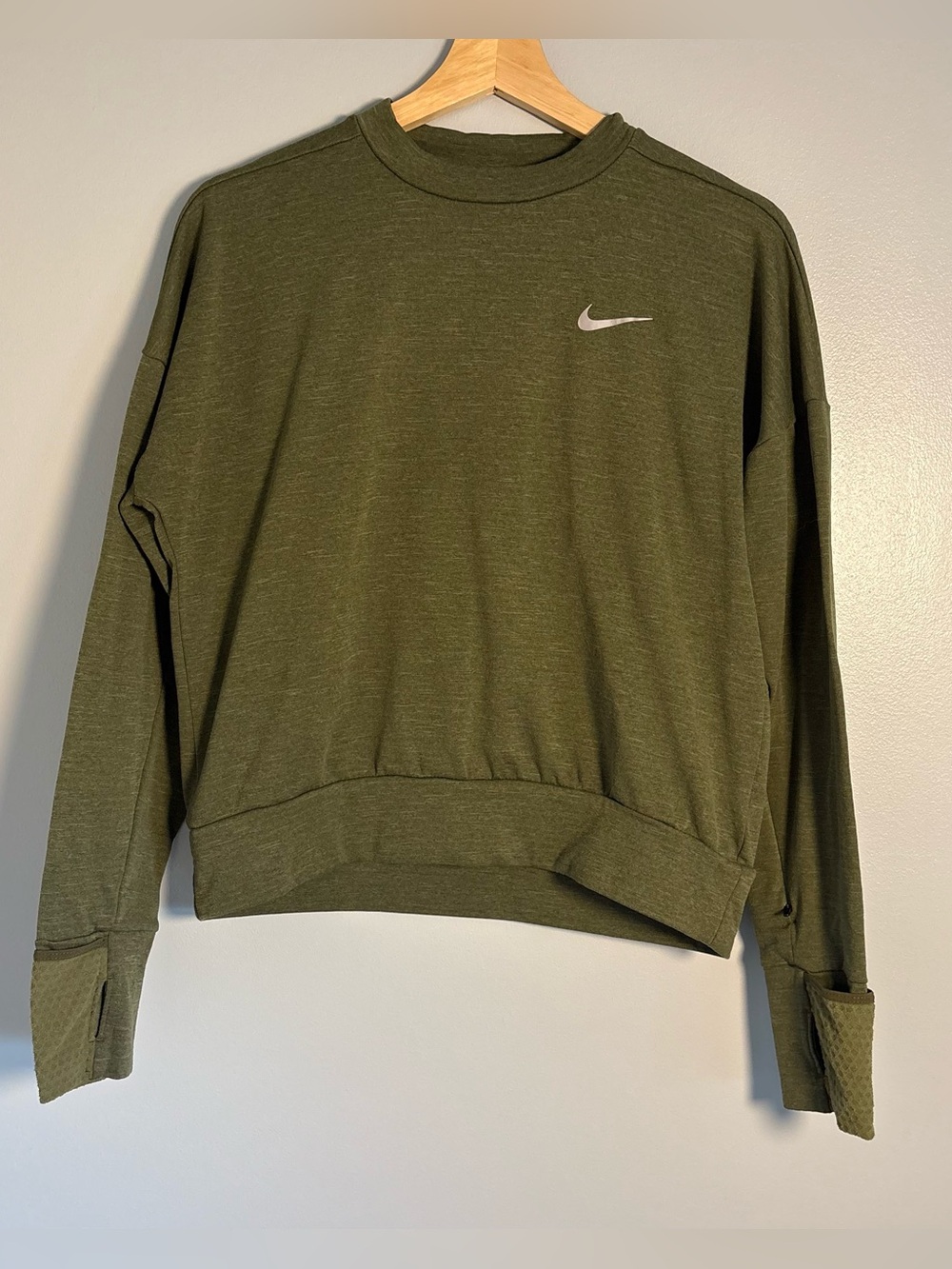Nike Dri-FIT Cropped Long Sleeve Crew Neck Running Sweatshirt Olive Green- XS
